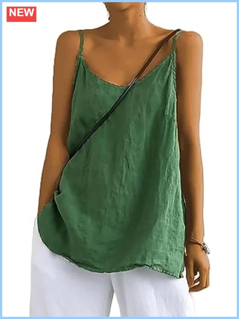 Linen Cotton V-Neck Sleeveless Spaghetti Strap Cami Tank Top Summer